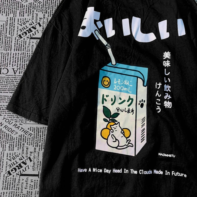 Cute Japanese Cat Print Oversized T-shirt men Women Short Sleeve Loose Casual Tee Shirt Streetwear Tops Cotton Harajuku Clothing-World Bazaar Life
