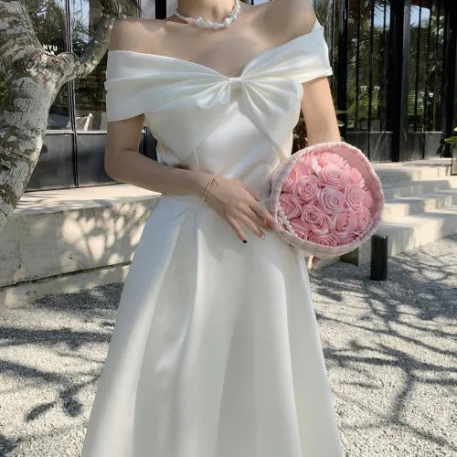 Silk Satin Birthday Dress Long Skirt One Shoulder Strapless Fairy Princess Gown with Bowtie Sweet High Waist A-Line Dress