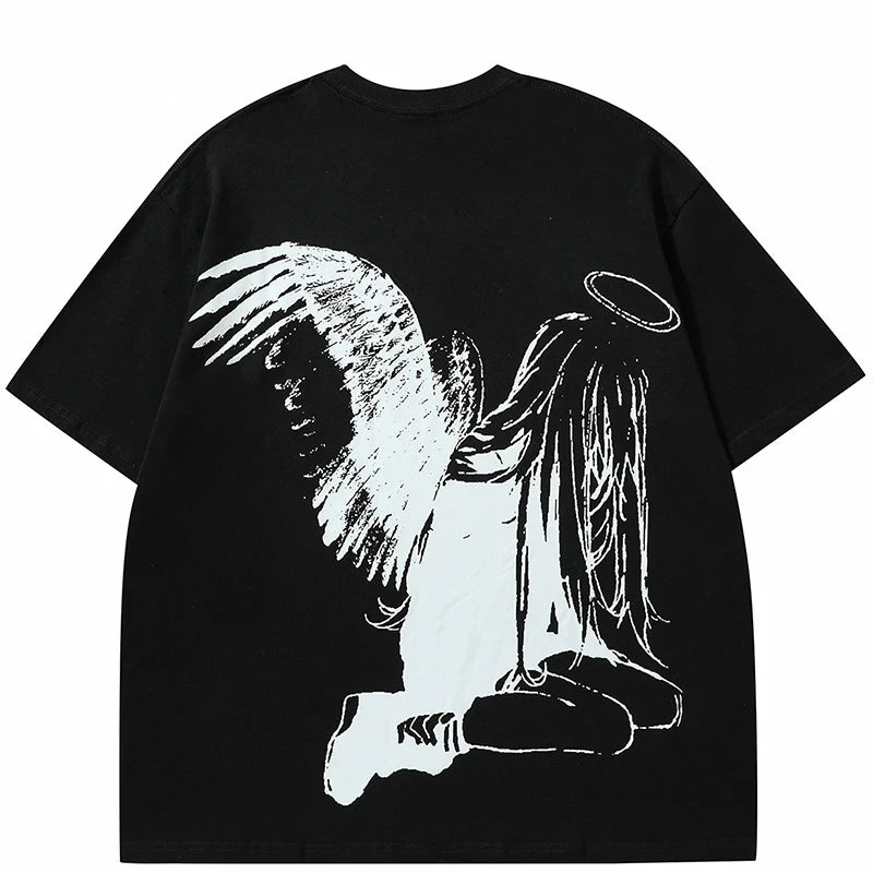 Men Tshirt Streetwear Japanese Harajuku Cartoon Angel Wings Graphic T-Shirt Summer 2024 HipHop T Shirt Anime Tops Tee Cotton Y2K