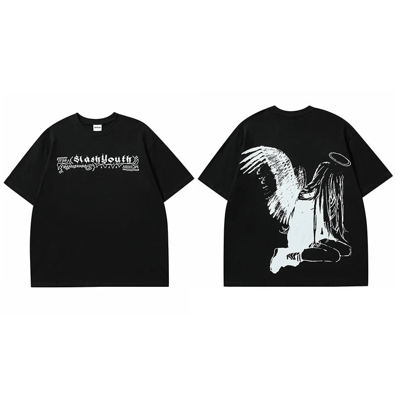 Men Tshirt Streetwear Japanese Harajuku Cartoon Angel Wings Graphic T-Shirt Summer 2024 HipHop T Shirt Anime Tops Tee Cotton Y2K