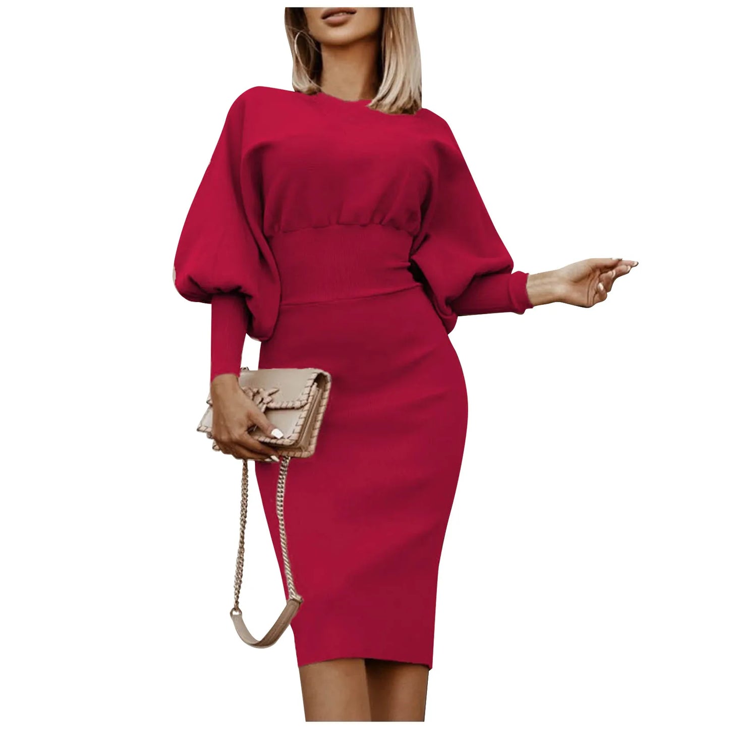 Elegant Red High Waist Bodycon Dress for Women – Fall Evening Wear