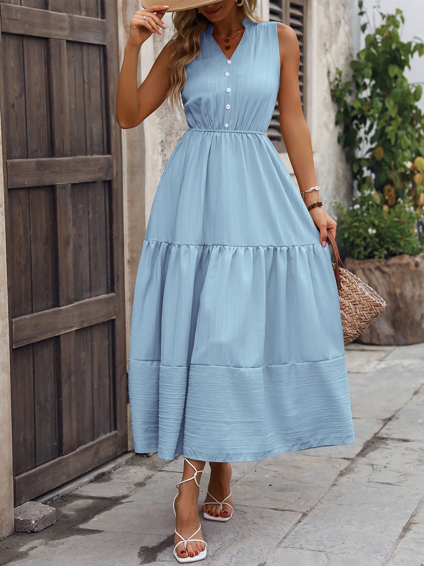 A new summer women's dress with a sleeveless V-neck, solid color and high waist for cross-border foreign trade in 2025-World Bazaar Life
