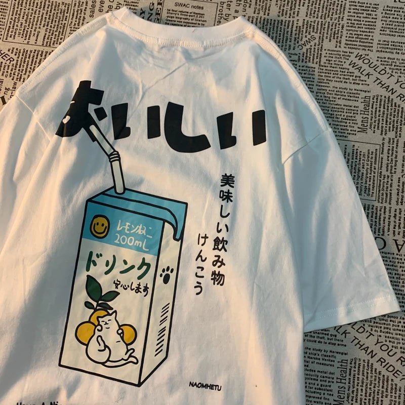 Cute Japanese Cat Print Oversized T-shirt men Women Short Sleeve Loose Casual Tee Shirt Streetwear Tops Cotton Harajuku Clothing-World Bazaar Life