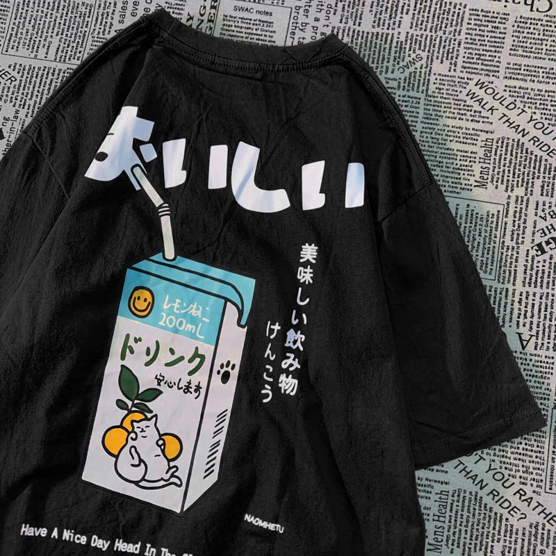 Cute Japanese Cat Print Oversized T-shirt men Women Short Sleeve Loose Casual Tee Shirt Streetwear Tops Cotton Harajuku Clothing-World Bazaar Life