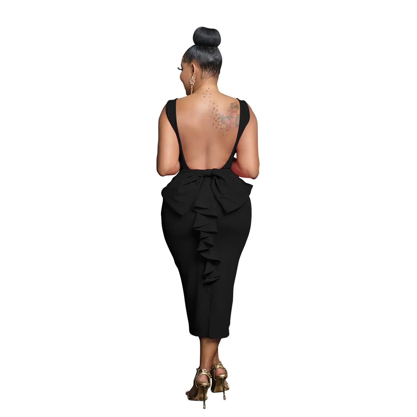 Kadınlar için Şık V Yaka Sırtı Açık Midi Elbise 2025 Bahar Kolsuz Fiyonk Seksi Parti Doğum Günü Dar Elbiseler Vestidos