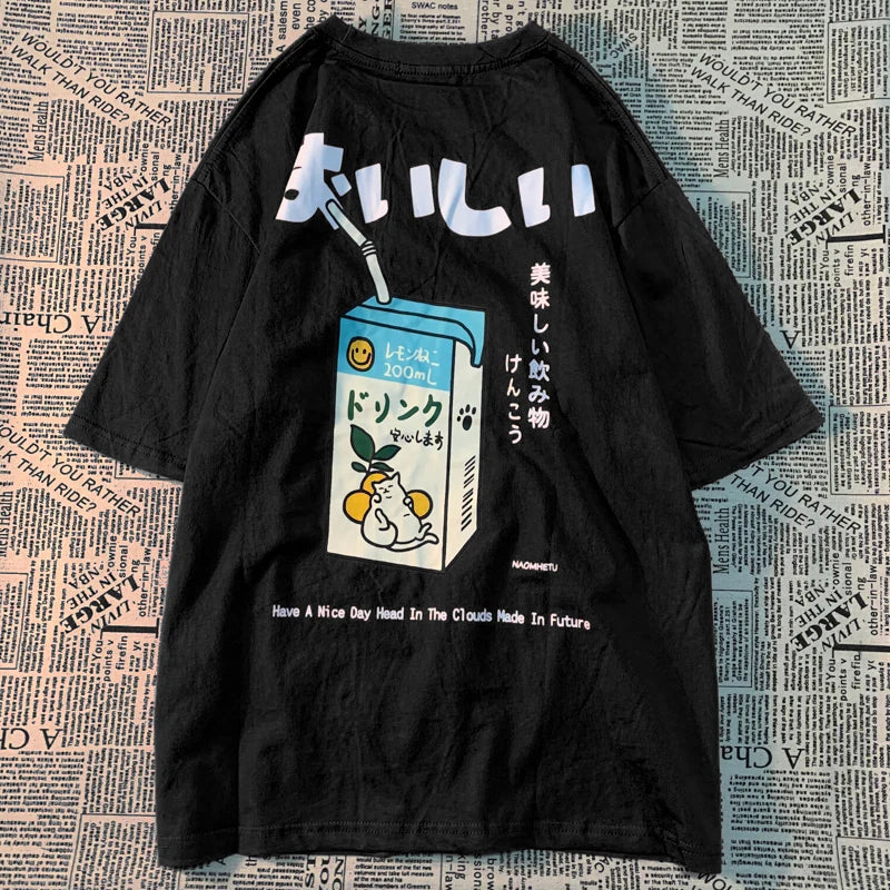 Cute Japanese Cat Print Oversized T-shirt men Women Short Sleeve Loose Casual Tee Shirt Streetwear Tops Cotton Harajuku Clothing-World Bazaar Life