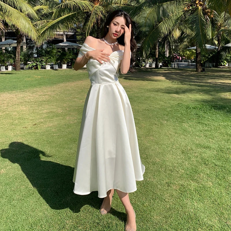 Silk Satin Birthday Dress Long Skirt One Shoulder Strapless Fairy Princess Gown with Bowtie Sweet High Waist A-Line Dress