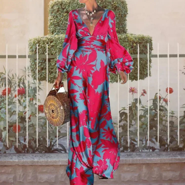 Long Dress Women's Loose V Neck Evening Dress Print Sexy Casual Elegant Holiday Party Loose Autumn Long Dress 2024 Fall