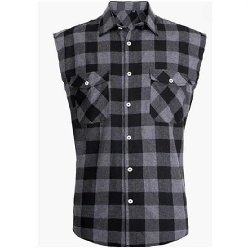 Men's Sleeveless Plaid Front Shirt Beach Cool Tops Baroque Short Sleeve Printed Button Clothing Casual Fashion Blouse - World Bazaar Life