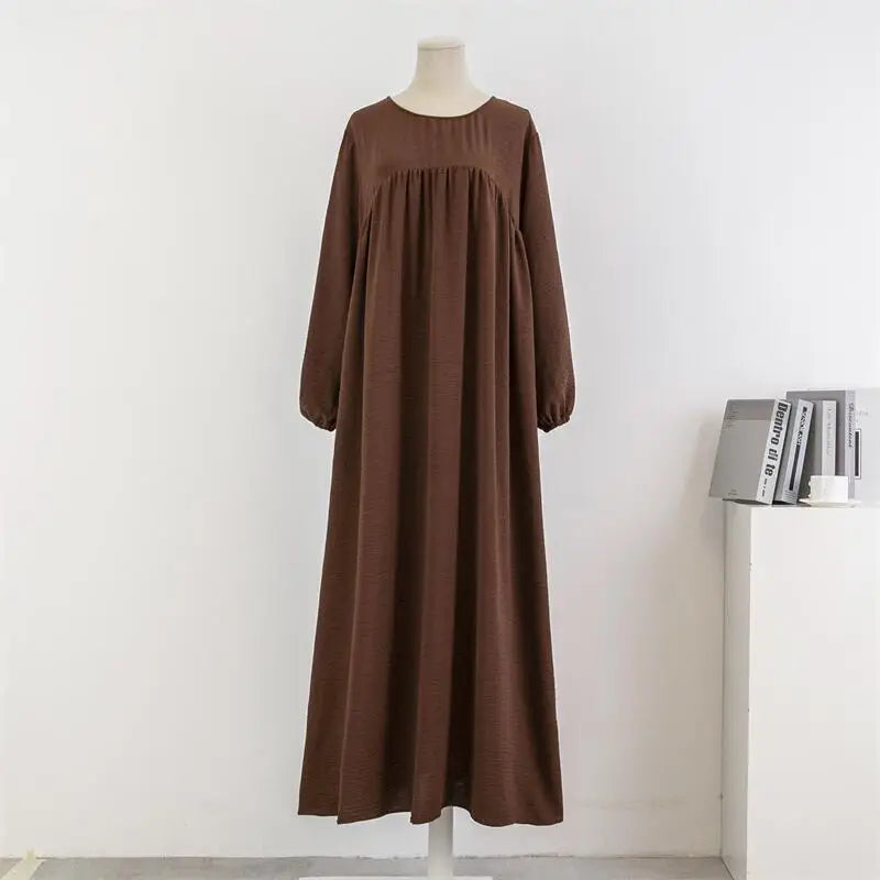 Spring Autumn Muslim Dress Women Loose Maxi Dresses Fashion Female Full Sleeve Casual Solid Pockets Robe Long Dresses Vestidoes - World Bazaar Life