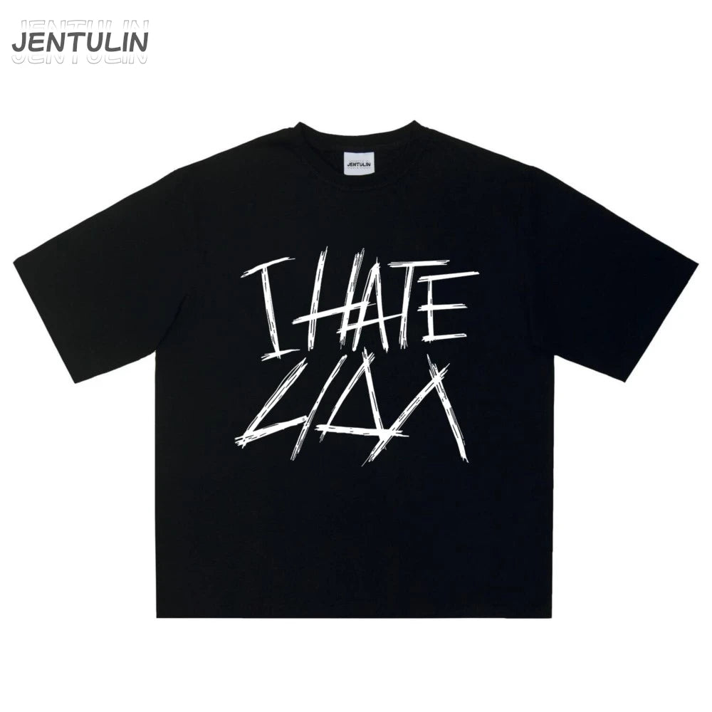Oversized Men's Clothing Streetwear I HATE LIDA Print Hip Hop Korean Short Sleeve Y2k Tops Tee Cotton Graphic Unisex Tshirt Goth-World Bazaar Life