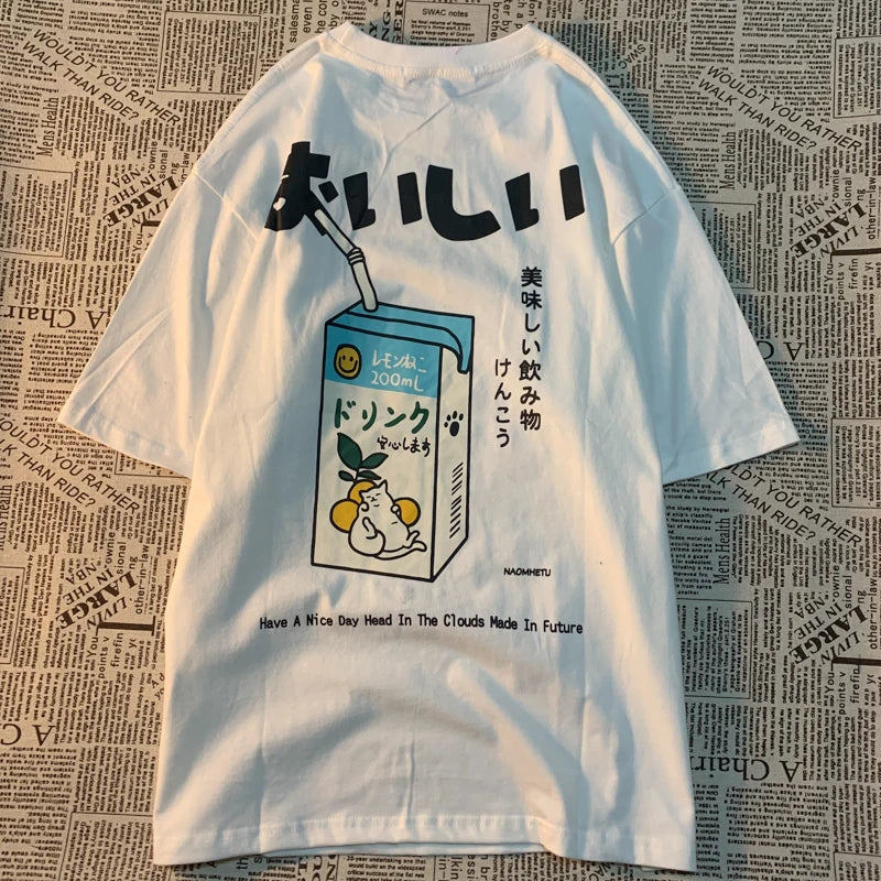 Cute Japanese Cat Print Oversized T-shirt men Women Short Sleeve Loose Casual Tee Shirt Streetwear Tops Cotton Harajuku Clothing-World Bazaar Life