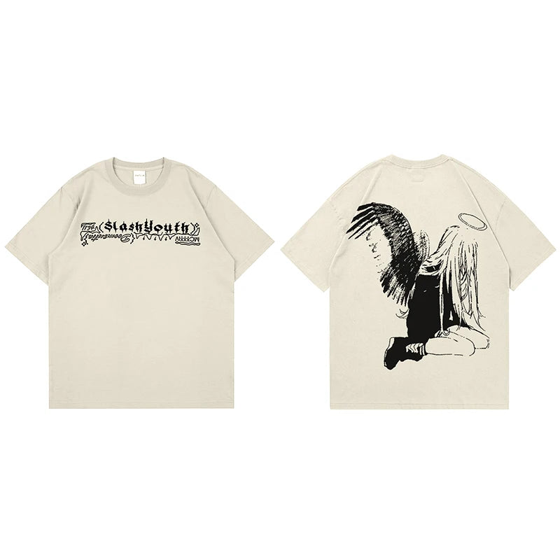 Men Tshirt Streetwear Japanese Harajuku Cartoon Angel Wings Graphic T-Shirt Summer 2024 HipHop T Shirt Anime Tops Tee Cotton Y2K