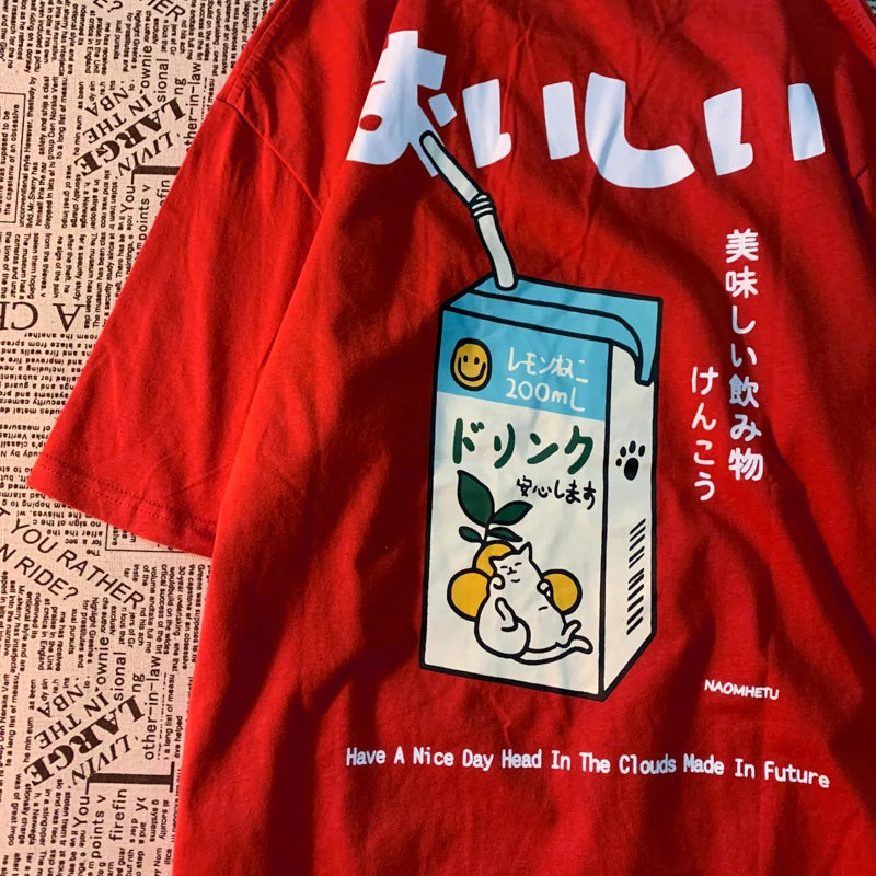 Cute Japanese Cat Print Oversized T-shirt men Women Short Sleeve Loose Casual Tee Shirt Streetwear Tops Cotton Harajuku Clothing-World Bazaar Life