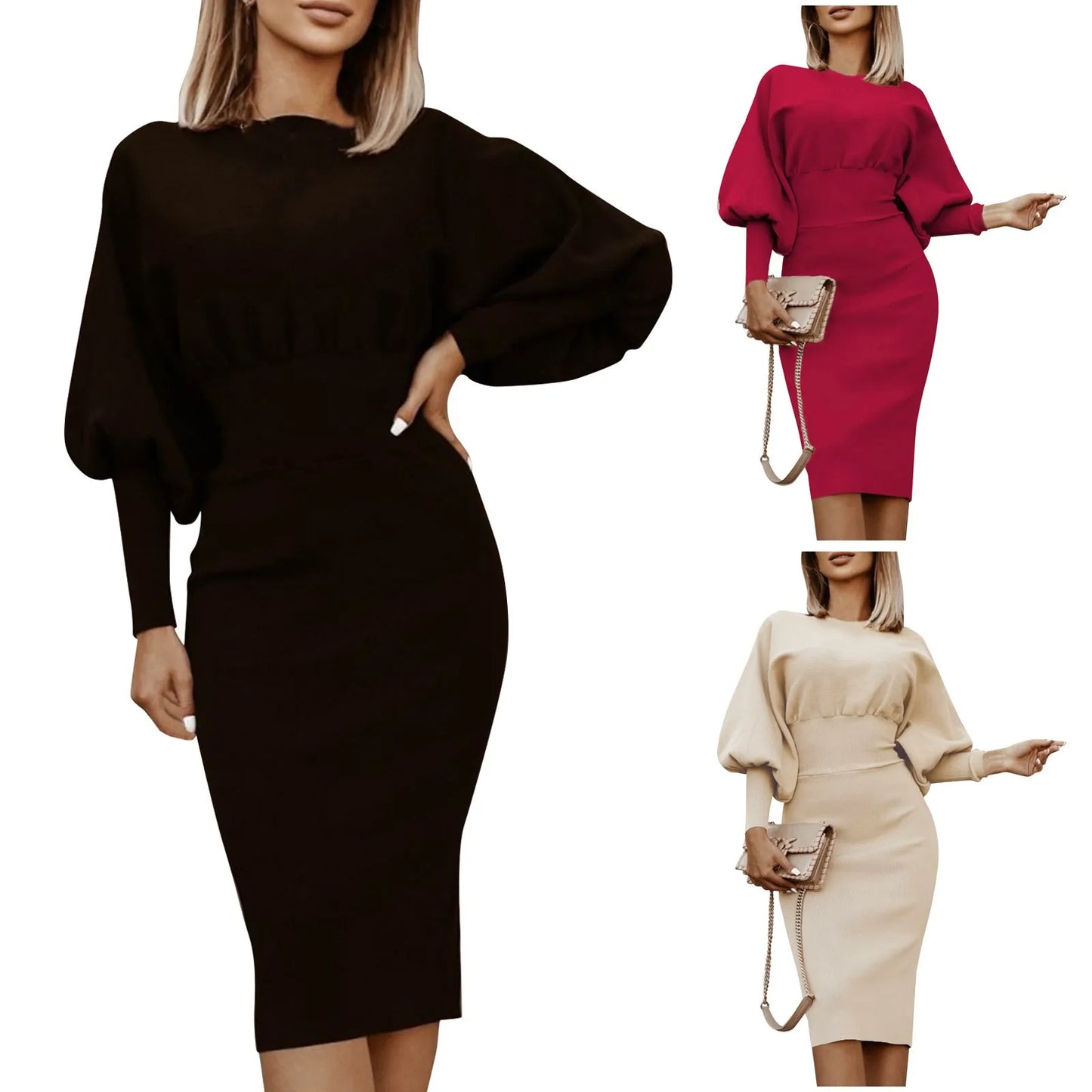 Elegant Red High Waist Bodycon Dress for Women – Fall Evening Wear