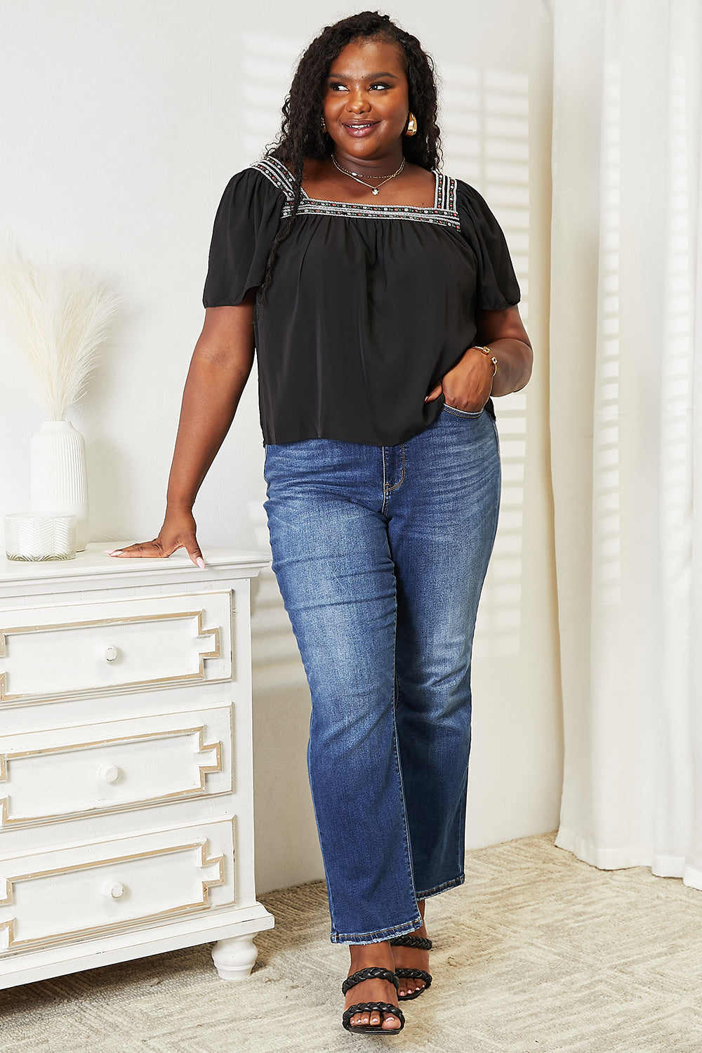 Honey Contrast Square Neck Puff Sleeve Blouse.