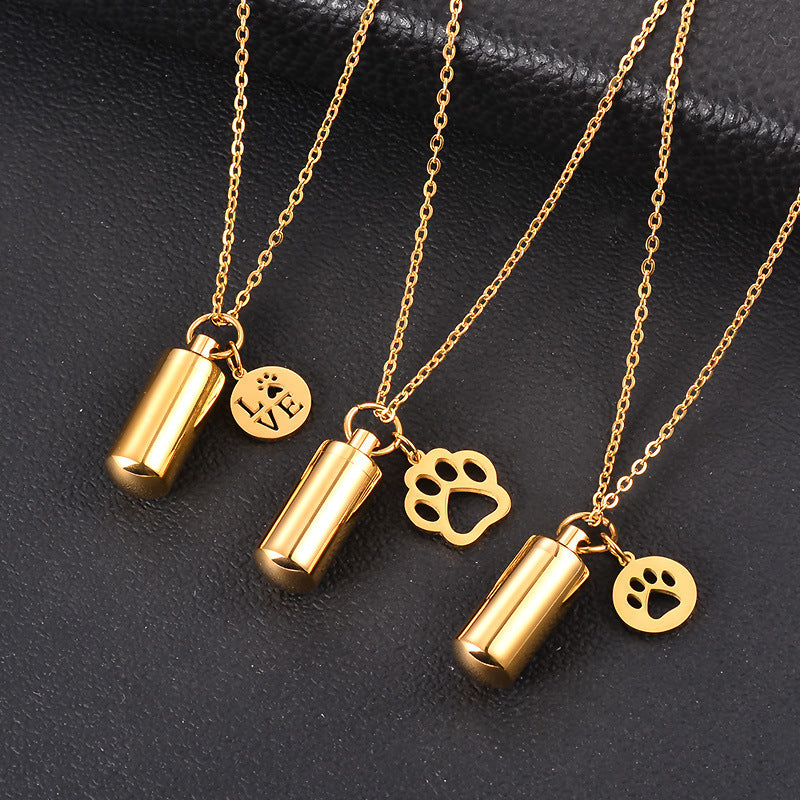 Stainless Steel Small Cylinder Plated Gold Silver Pet Urn Memorial Necklace-World Bazaar Life