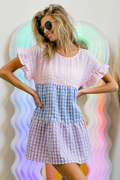 BiBi Plaid Color Block Tiered Top.