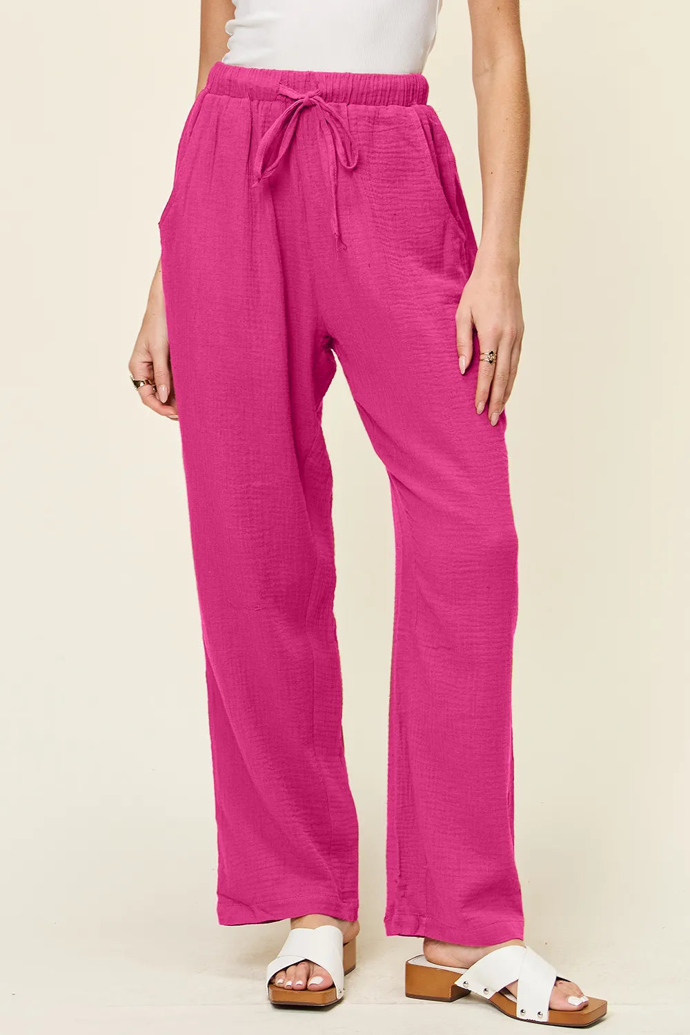 Double Take Full Size Texture Drawstring Straight Pants.