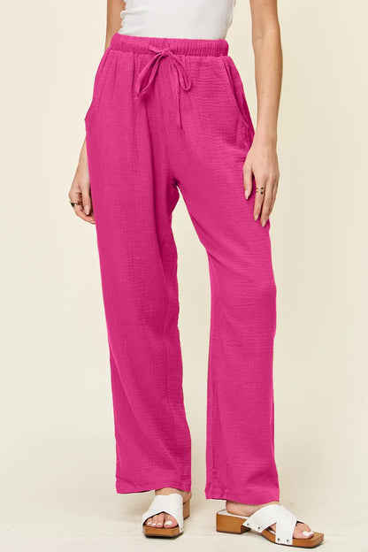 Double Take Full Size Texture Drawstring Straight Pants.
