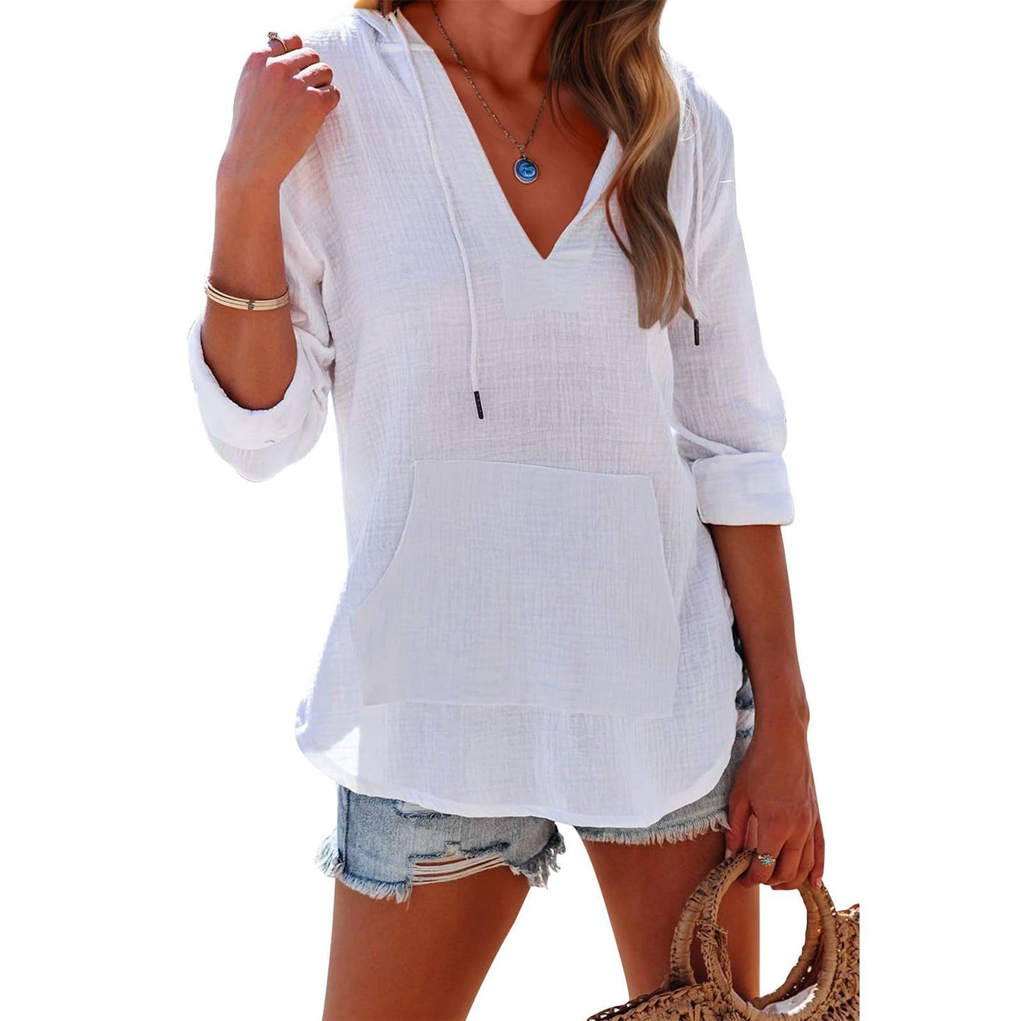 Women's V-Neck Hooded Sport Top with Pockets & Side Split
