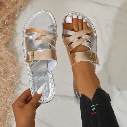 Women's Color Matching Round Head Flat Plus Size Slippers-World Bazaar Life