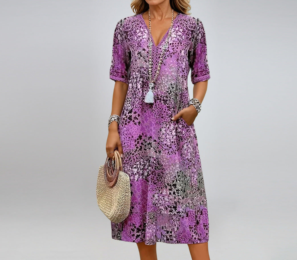 Women's Ethnic Print V-Neck Summer Dress with Pockets – Holiday Wear