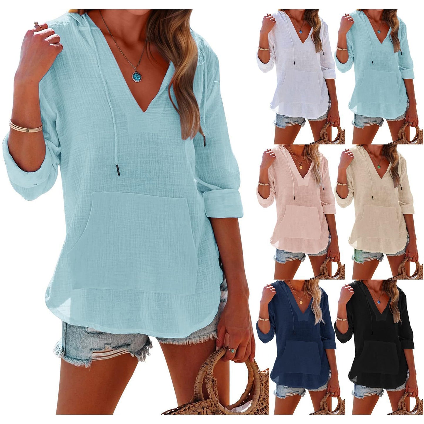 Women's V-Neck Hooded Sport Top with Pockets & Side Split