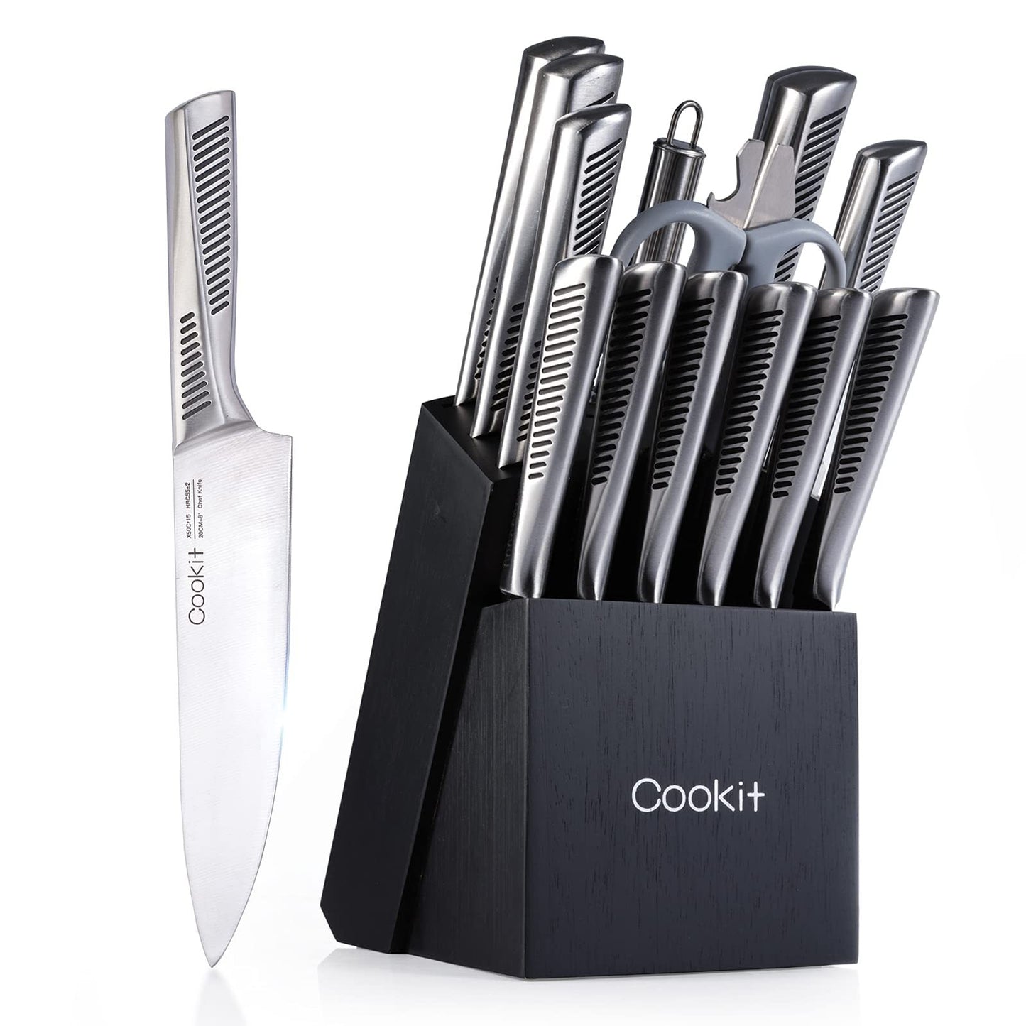 15-Piece German Steel Kitchen Knife Set with Block & Scissors