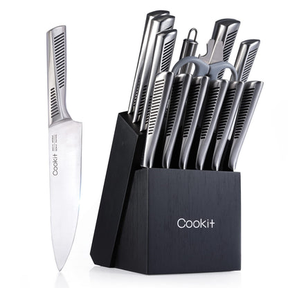 15-Piece German Steel Kitchen Knife Set with Block & Scissors