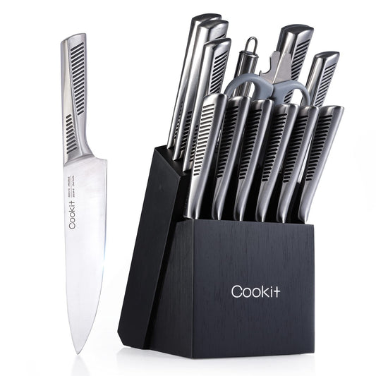 15-Piece German Steel Kitchen Knife Set with Block & Scissors