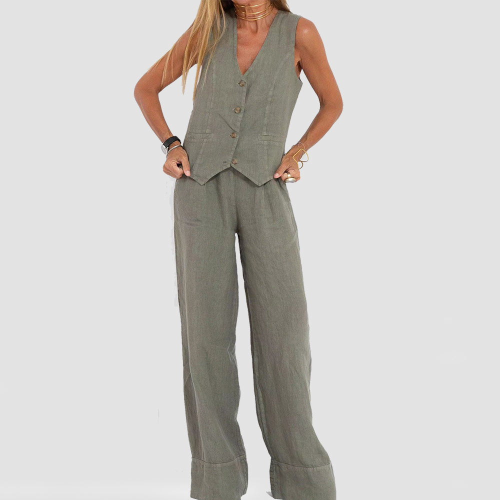 Summer Vest Suits V-neck Botton Sleeveless Top And Loose Straight Trousers Casual Womens Clothing-World Bazaar Life