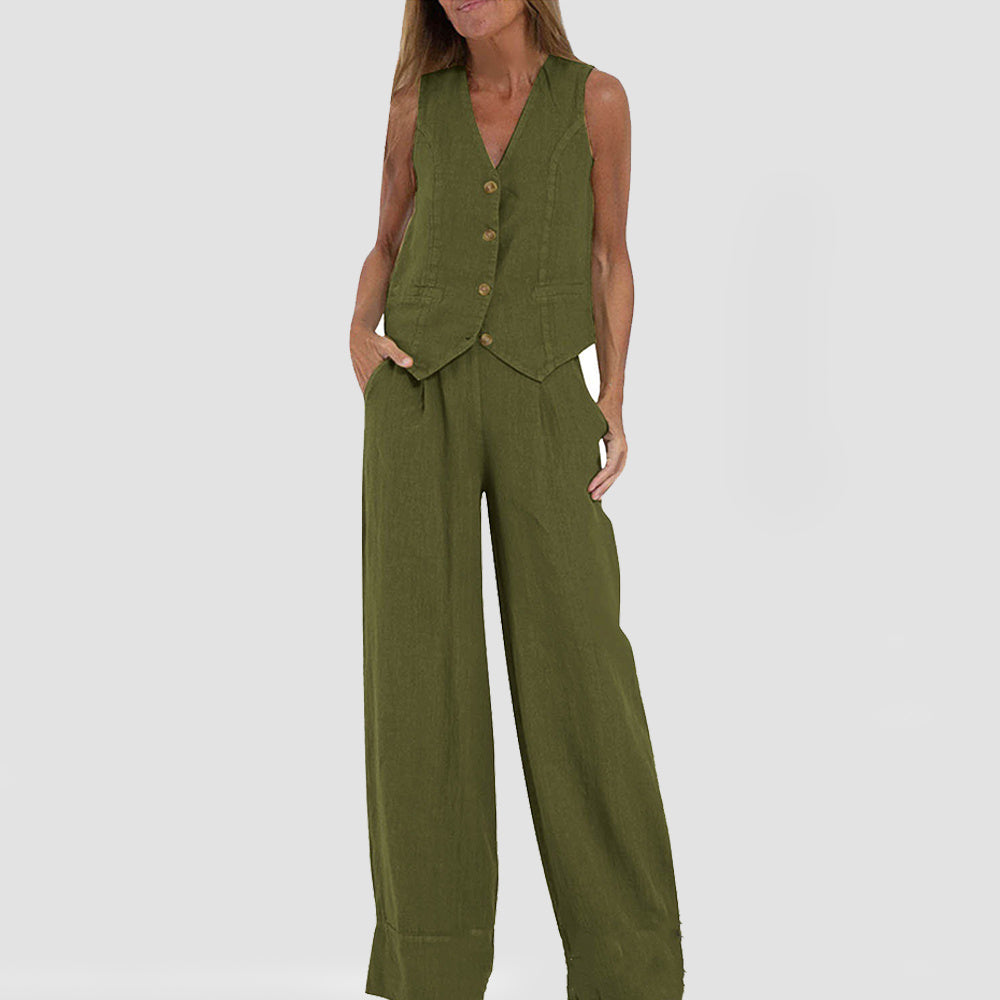 Summer Vest Suits V-neck Botton Sleeveless Top And Loose Straight Trousers Casual Womens Clothing-World Bazaar Life