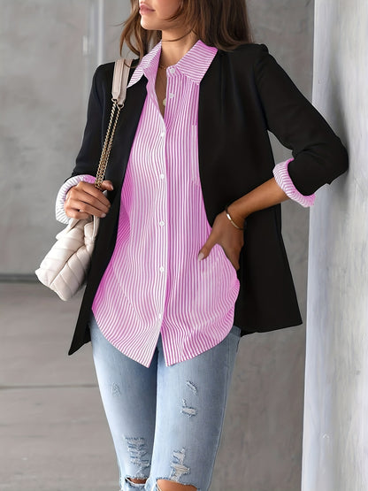 Ladies' Shirt, Classic Striped Print Casual Collar Long Sleeve With Pockets Shirt