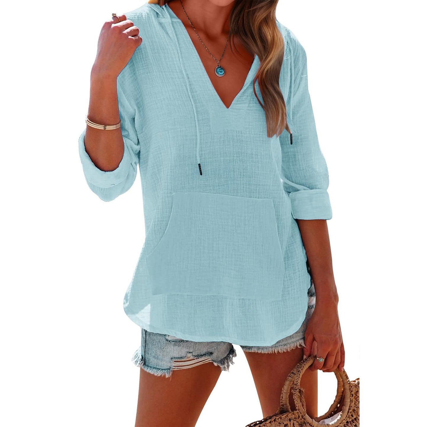 Women's V-Neck Hooded Sport Top with Pockets & Side Split