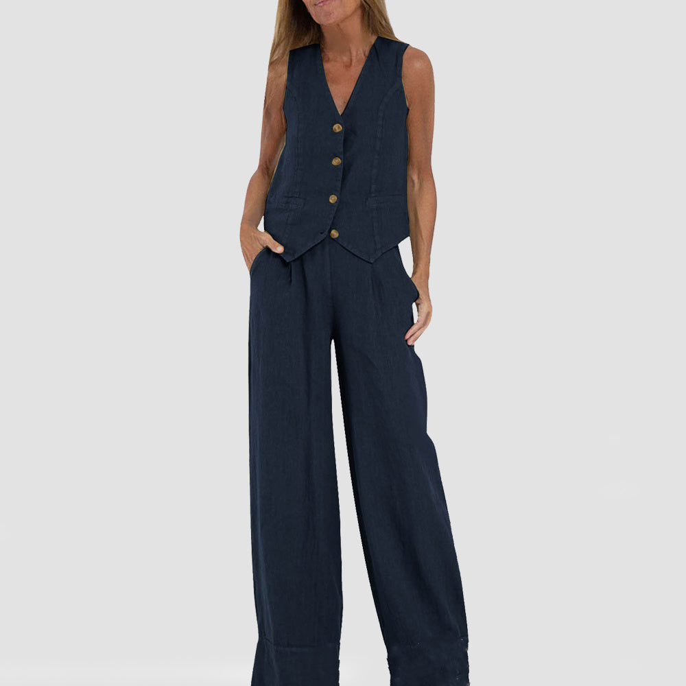 Summer Vest Suits V-neck Botton Sleeveless Top And Loose Straight Trousers Casual Womens Clothing-World Bazaar Life