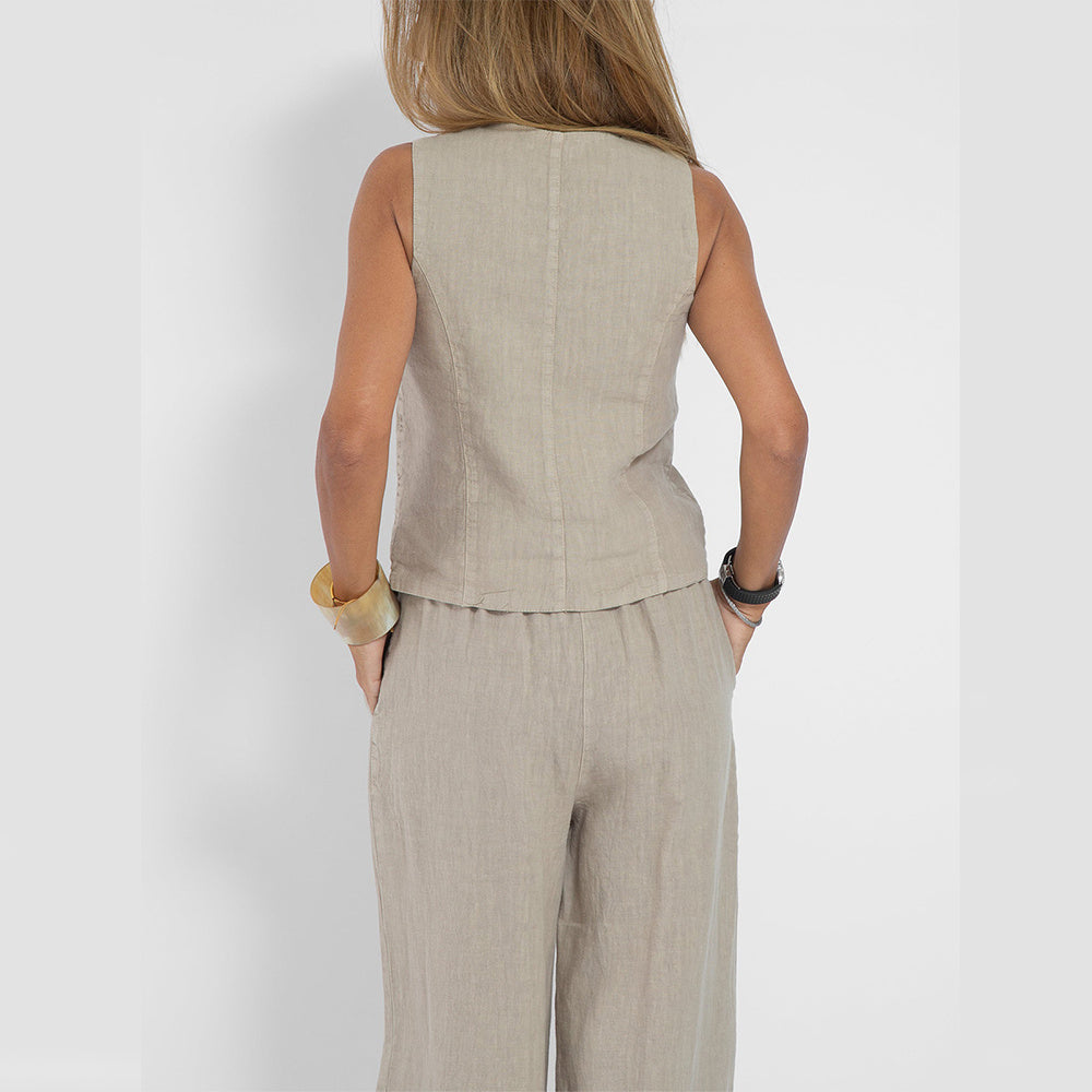 Summer Vest Suits V-neck Botton Sleeveless Top And Loose Straight Trousers Casual Womens Clothing-World Bazaar Life