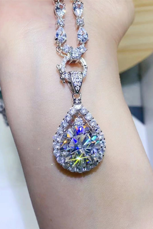 10 Carat Moissanite Teardrop Pendant Platinum-Plated Necklace.