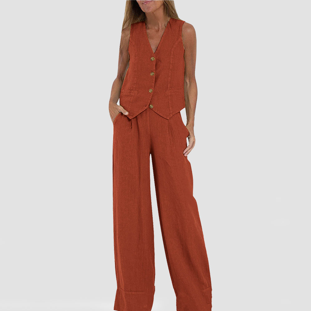 Summer Vest Suits V-neck Botton Sleeveless Top And Loose Straight Trousers Casual Womens Clothing-World Bazaar Life
