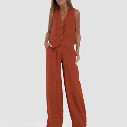 Summer Vest Suits V-neck Botton Sleeveless Top And Loose Straight Trousers Casual Womens Clothing-World Bazaar Life