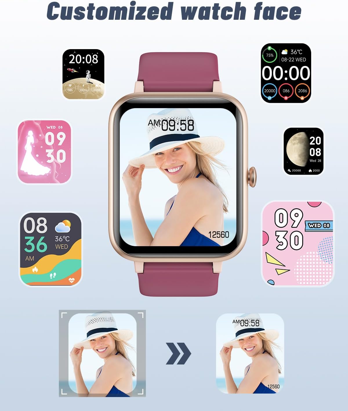 iOS ve Android Telefonlar için GRV Akıllı Saat (Aramaları Cevapla/Yap), Kadınlar İçin Saatler IP68 Su Geçirmez Akıllı Saat Kalp Atış Hızı/Uyku Monitörü Adım Kalori Sayacı ile Fitness Takip Saati (Pembe) 