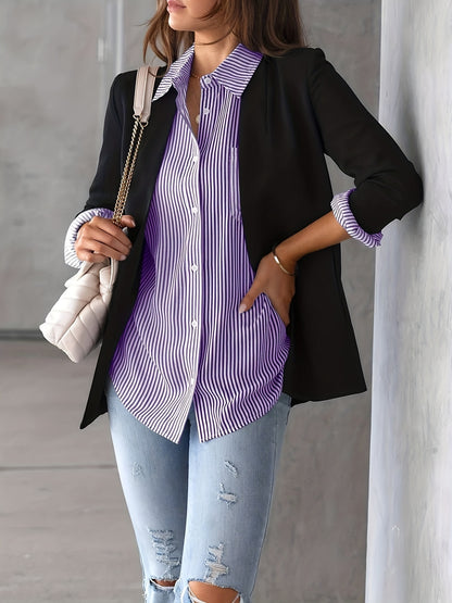 Ladies' Shirt, Classic Striped Print Casual Collar Long Sleeve With Pockets Shirt