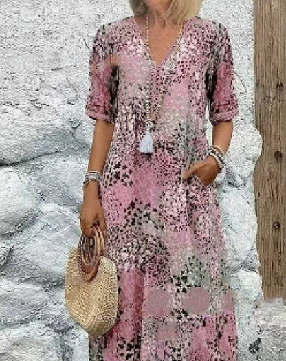 Women's Ethnic Print V-Neck Summer Dress with Pockets – Holiday Wear