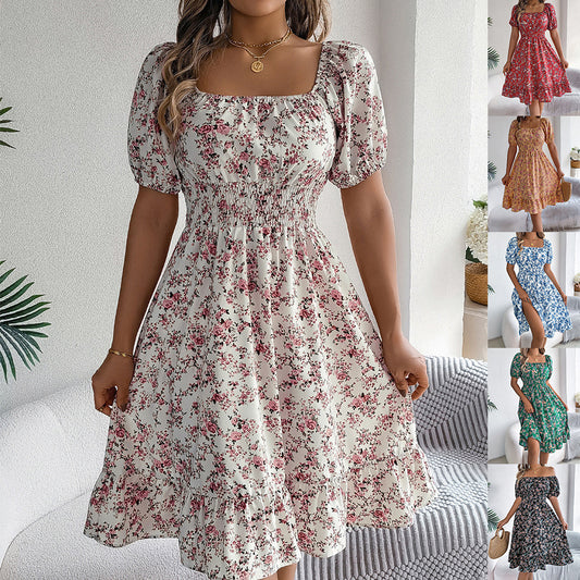 Floral Print Square Collar Dress Summer Fashion Ruffles Dresses Women's Clothing - World Bazaar Life