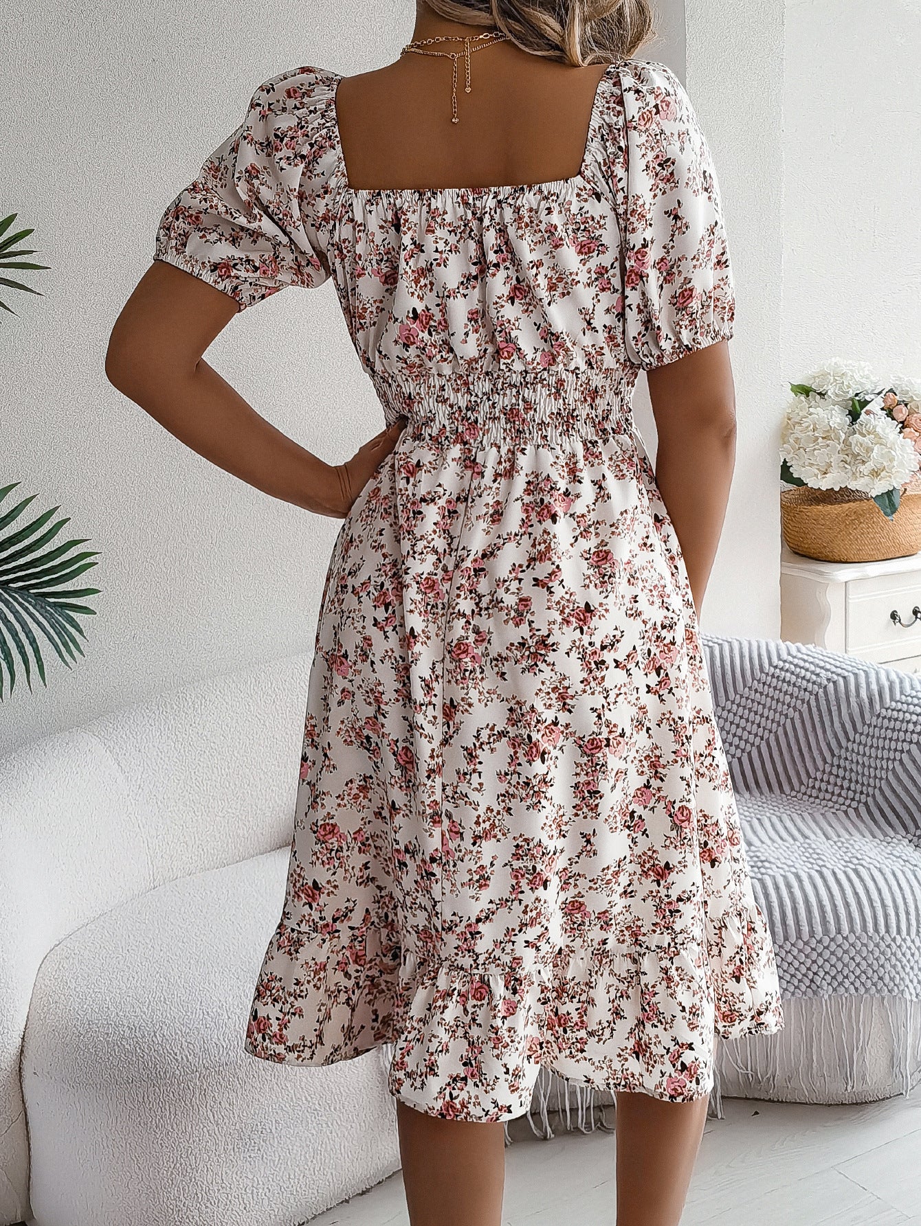Floral Print Square Collar Dress Summer Fashion Ruffles Dresses Women's Clothing - World Bazaar Life