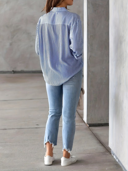 Ladies' Shirt, Classic Striped Print Casual Collar Long Sleeve With Pockets Shirt