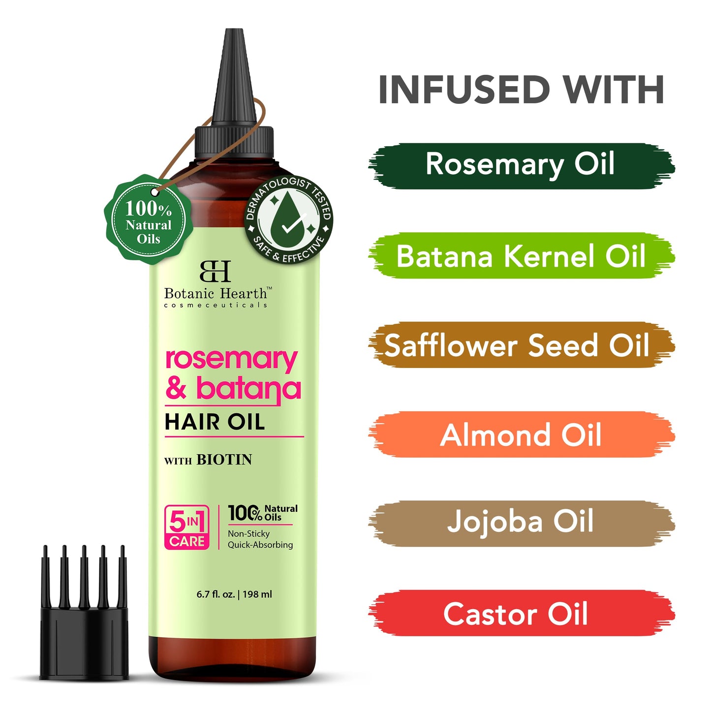 Botanic Hearth 100% Pure Rosemary Oil For Hair Growth (6.7 fl oz) Infused With Biotin, Jojoba & castor Oil | Nourishing & Volumizing | Non GMO Verified
