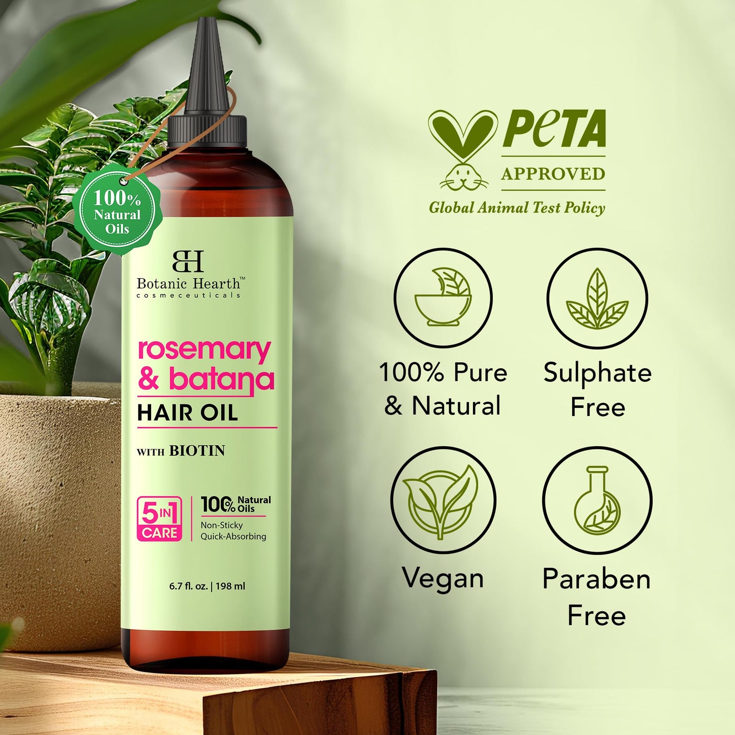Botanic Hearth 100% Pure Rosemary Oil For Hair Growth (6.7 fl oz) Infused With Biotin, Jojoba & castor Oil | Nourishing & Volumizing | Non GMO Verified