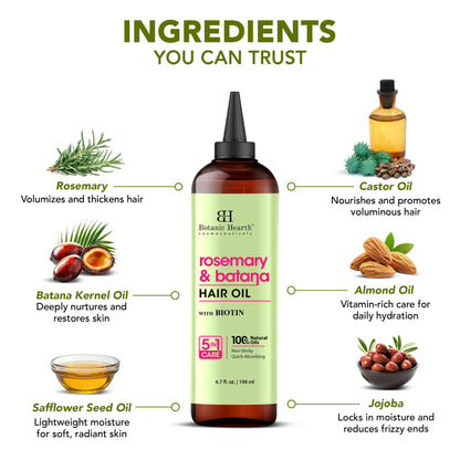 Botanic Hearth 100% Pure Rosemary Oil For Hair Growth (6.7 fl oz) Infused With Biotin, Jojoba & castor Oil | Nourishing & Volumizing | Non GMO Verified