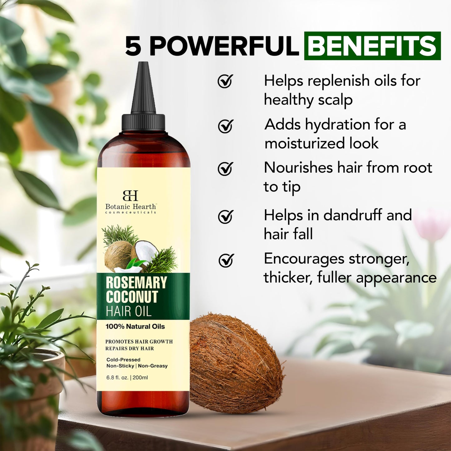 Botanic Hearth 100% Pure Rosemary Oil For Hair Growth (6.7 fl oz) Infused With Biotin, Jojoba & castor Oil | Nourishing & Volumizing | Non GMO Verified